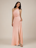 KissDress-Gaura Rose Petal A Line Chiffon One Shoulder Pleated Long Bridesmaid Dress with Slit