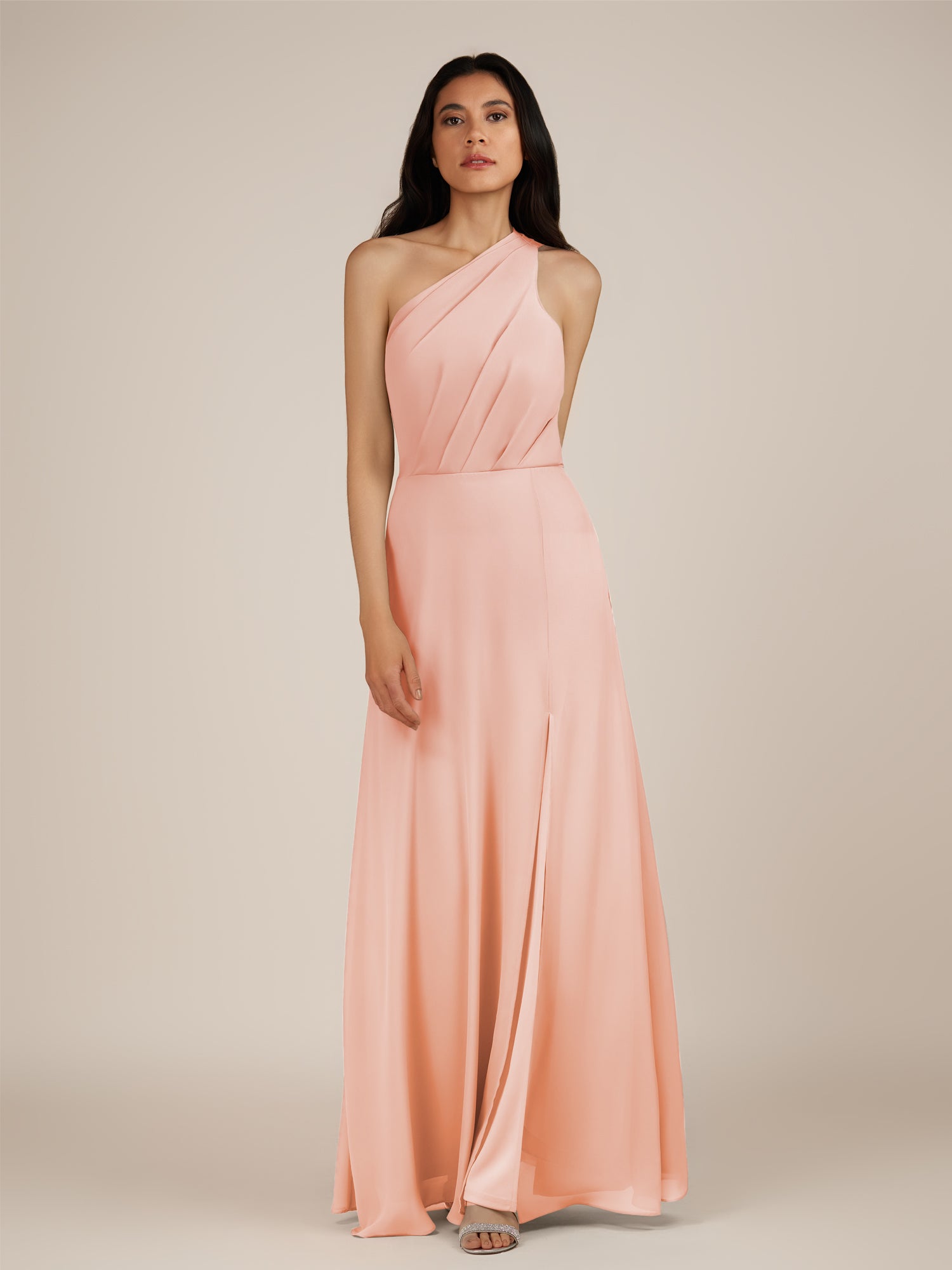 KissDress-Gaura Rose Petal A Line Chiffon One Shoulder Pleated Long Bridesmaid Dress with Slit