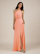 KissDress-Gaura Rosette A Line Chiffon One Shoulder Pleated Long Bridesmaid Dress with Slit