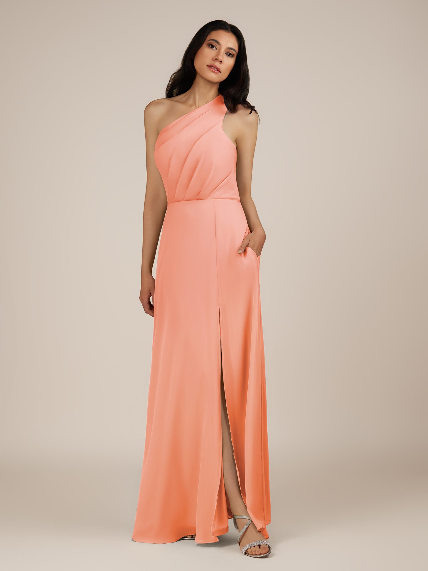 KissDress-Gaura Rosette A Line Chiffon One Shoulder Pleated Long Bridesmaid Dress with Slit