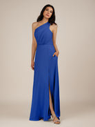 KissDress-Gaura Royal Blue A Line Chiffon One Shoulder Pleated Long Bridesmaid Dress with Slit