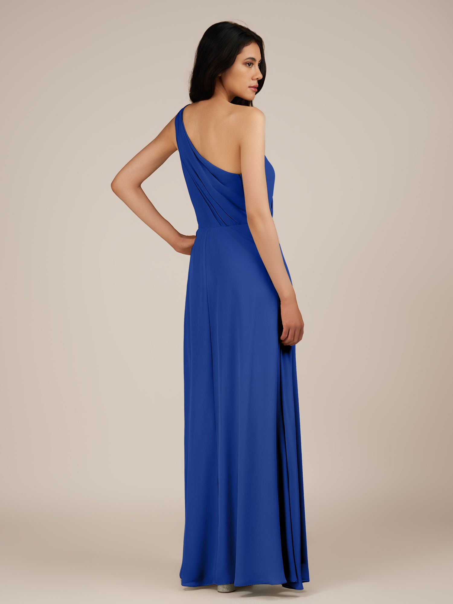 KissDress-Gaura Royal Blue A Line Chiffon One Shoulder Pleated Long Bridesmaid Dress with Slit