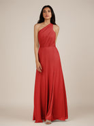 KissDress-Gaura Ruby Red A Line Chiffon One Shoulder Pleated Long Bridesmaid Dress with Slit