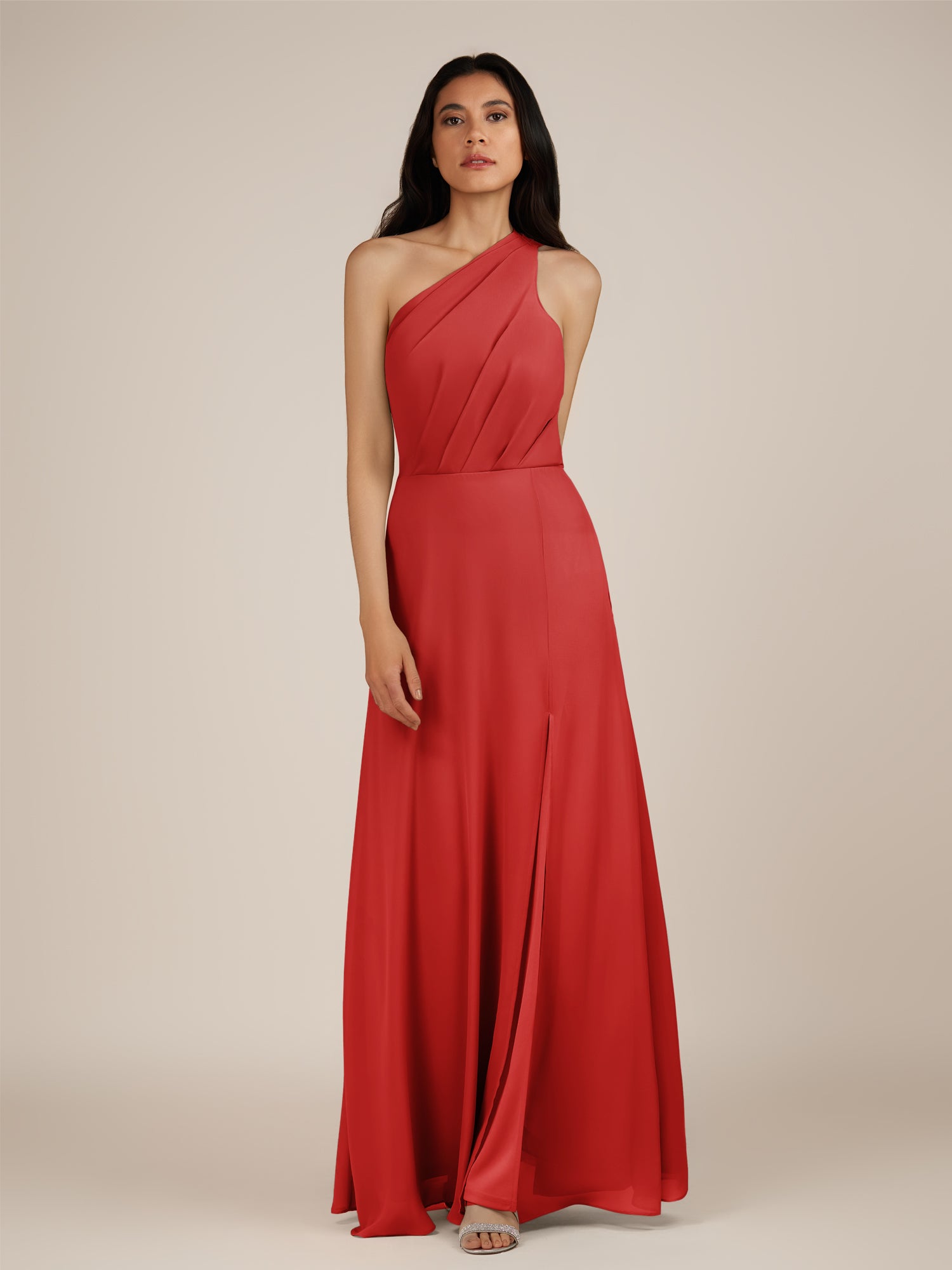KissDress-Gaura Ruby Red A Line Chiffon One Shoulder Pleated Long Bridesmaid Dress with Slit