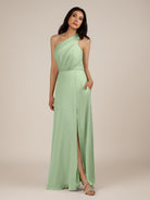 KissDress-Gaura Sage A Line Chiffon One Shoulder Pleated Long Bridesmaid Dress with Slit