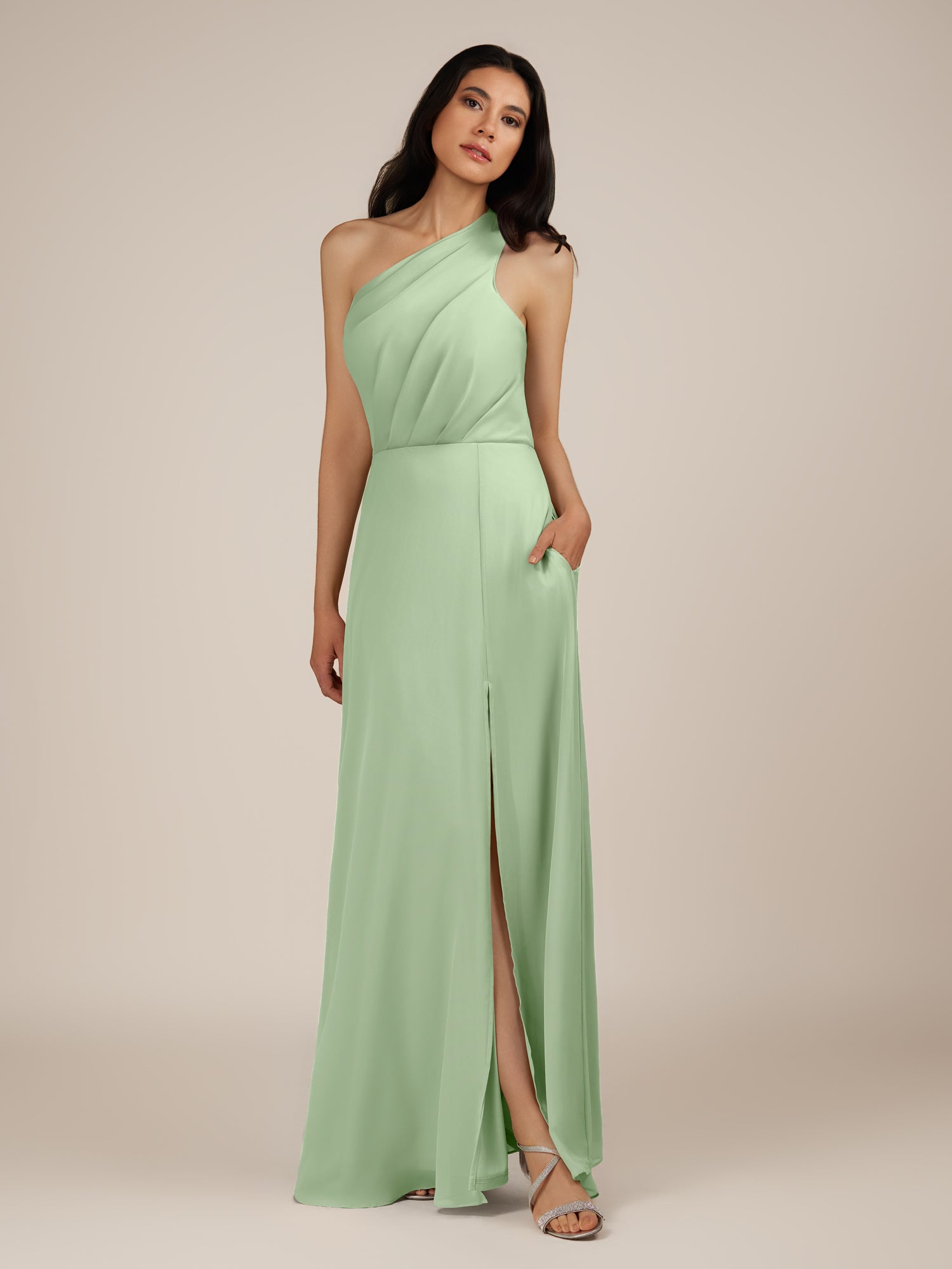 KissDress-Gaura Sage A Line Chiffon One Shoulder Pleated Long Bridesmaid Dress with Slit