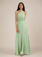 KissDress-Gaura Sage A Line Chiffon One Shoulder Pleated Long Bridesmaid Dress with Slit