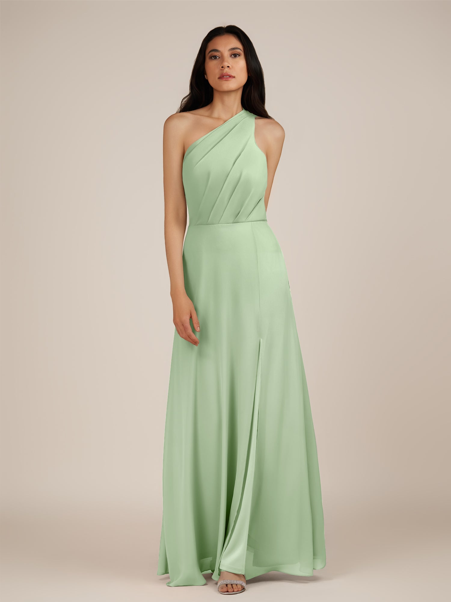 KissDress-Gaura Sage A Line Chiffon One Shoulder Pleated Long Bridesmaid Dress with Slit