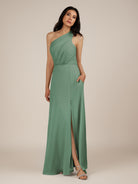 KissDress-Gaura Sea Glass A Line Chiffon One Shoulder Pleated Long Bridesmaid Dress with Slit