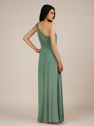 KissDress-Gaura Sea Glass A Line Chiffon One Shoulder Pleated Long Bridesmaid Dress with Slit