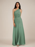 KissDress-Gaura Sea Glass A Line Chiffon One Shoulder Pleated Long Bridesmaid Dress with Slit