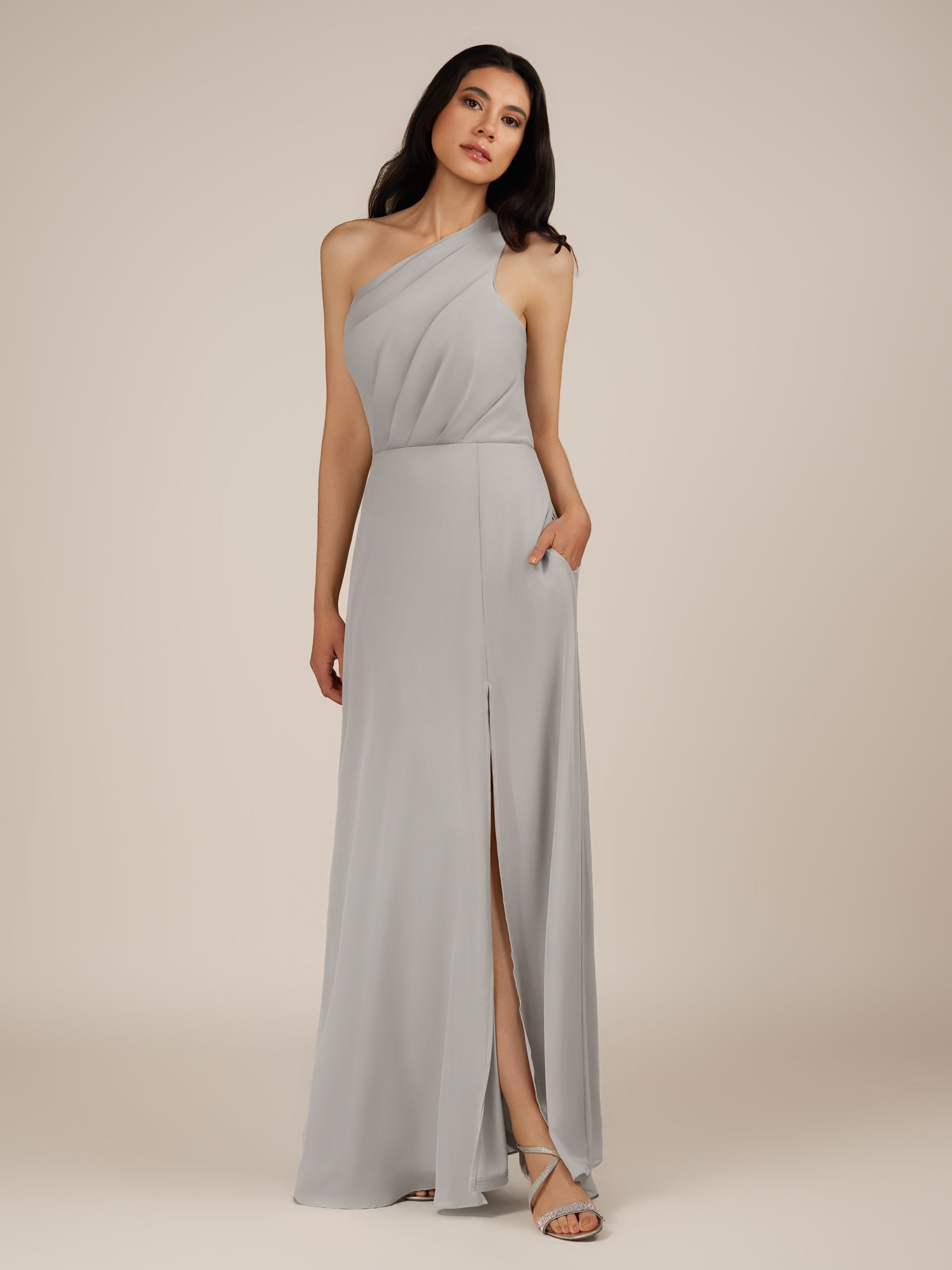 KissDress-Gaura Silver A Line Chiffon One Shoulder Pleated Long Bridesmaid Dress with Slit