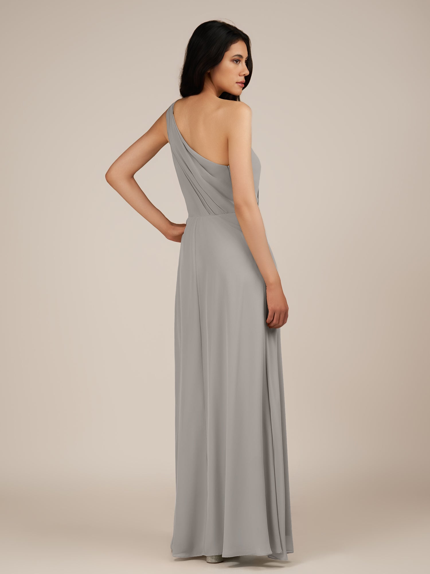 KissDress-Gaura Silver A Line Chiffon One Shoulder Pleated Long Bridesmaid Dress with Slit