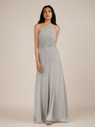 KissDress-Gaura Silver A Line Chiffon One Shoulder Pleated Long Bridesmaid Dress with Slit