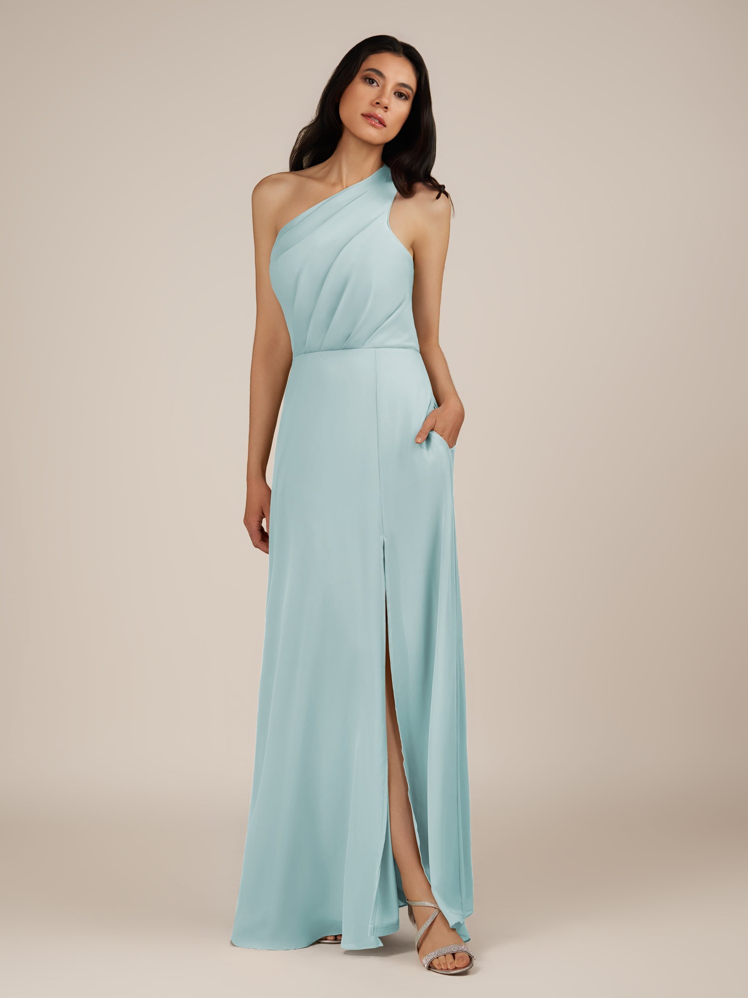 KissDress-Gaura Sky Blue A Line Chiffon One Shoulder Pleated Long Bridesmaid Dress with Slit