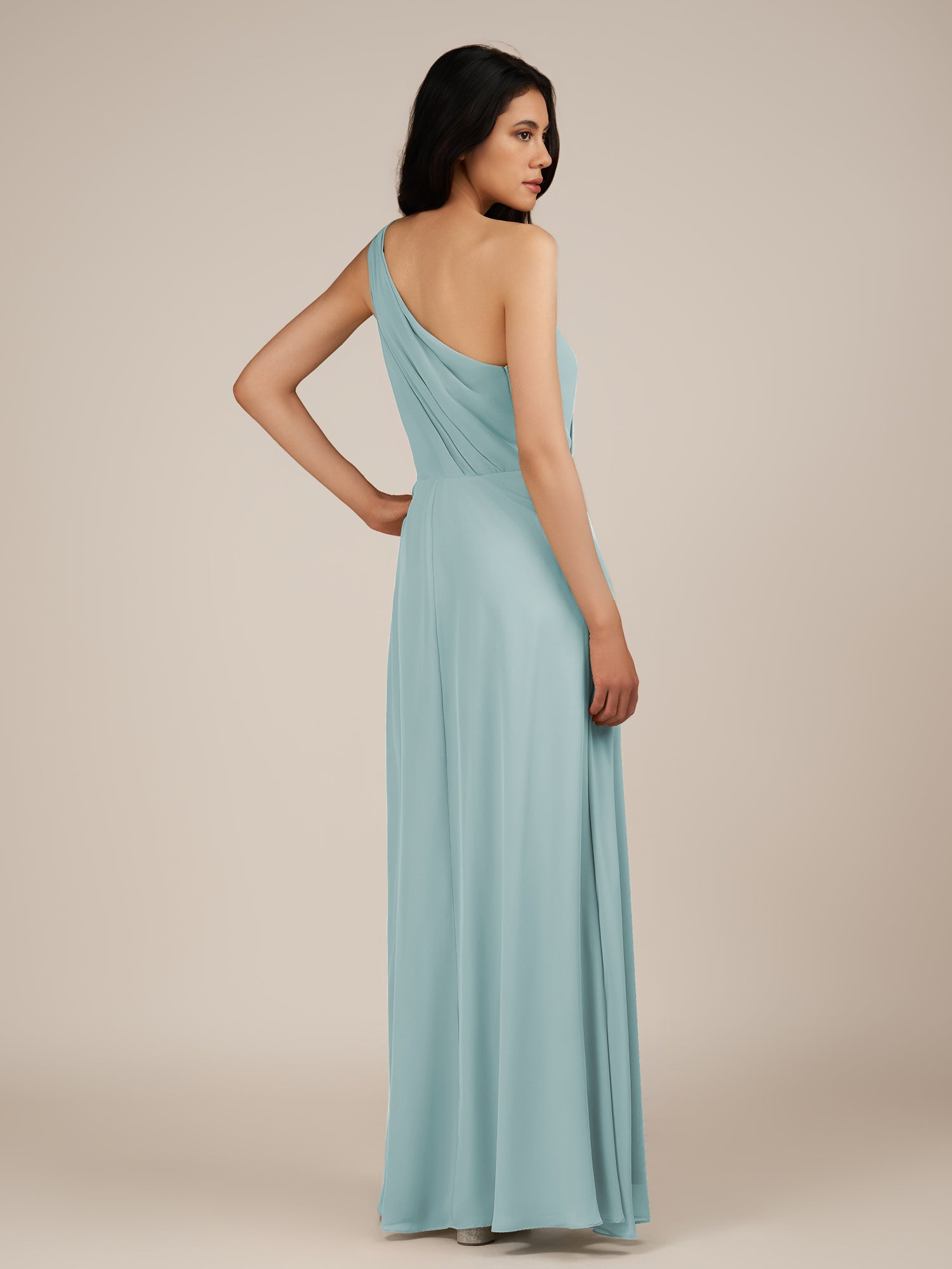 KissDress-Gaura Sky Blue A Line Chiffon One Shoulder Pleated Long Bridesmaid Dress with Slit