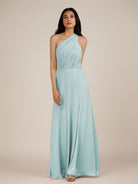 KissDress-Gaura Sky Blue A Line Chiffon One Shoulder Pleated Long Bridesmaid Dress with Slit