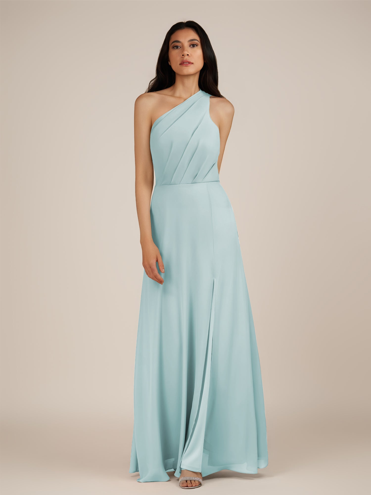 KissDress-Gaura Sky Blue A Line Chiffon One Shoulder Pleated Long Bridesmaid Dress with Slit