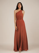 KissDress-Gaura Spice A Line Chiffon One Shoulder Pleated Long Bridesmaid Dress with Slit