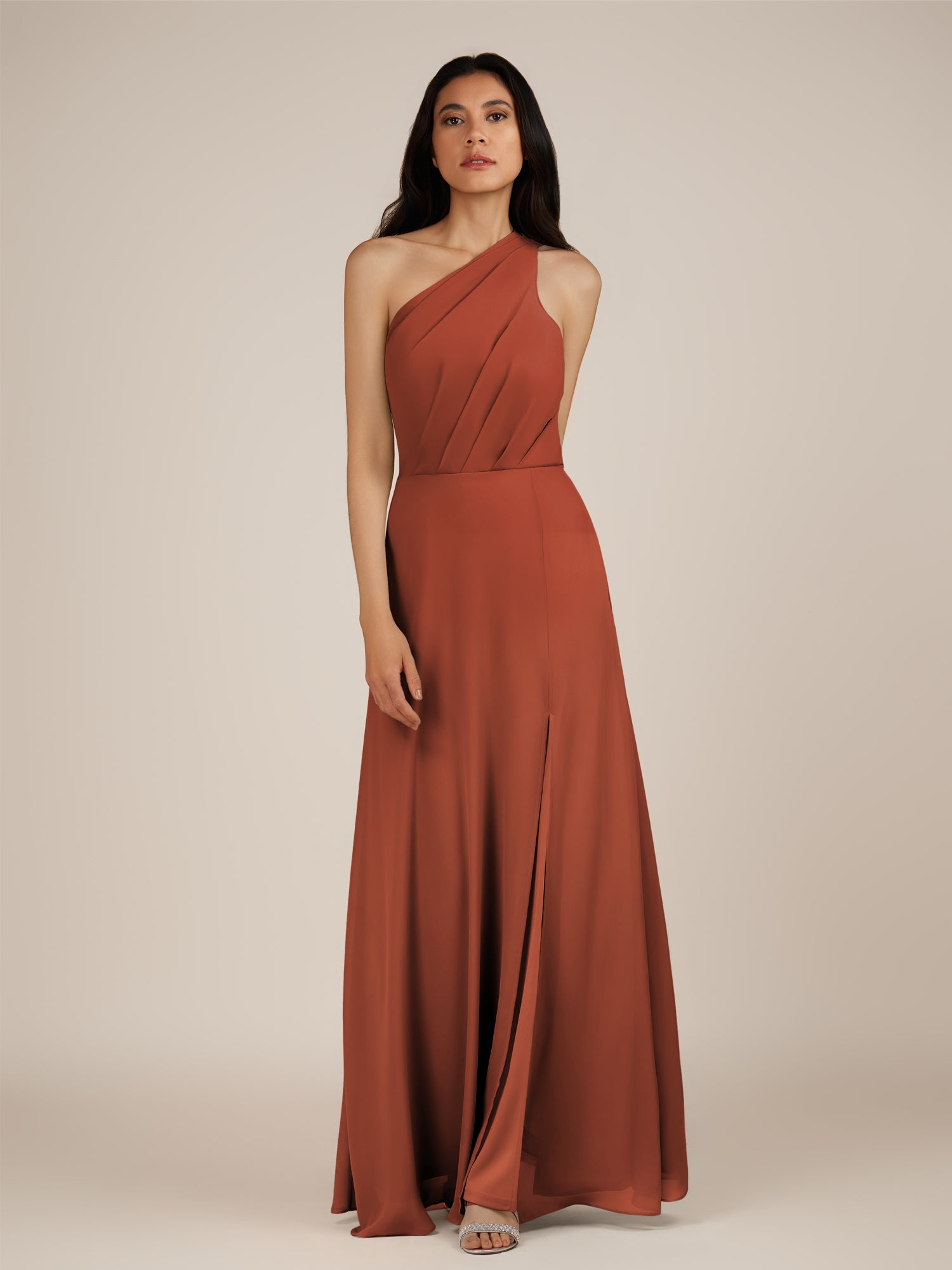 KissDress-Gaura Spice A Line Chiffon One Shoulder Pleated Long Bridesmaid Dress with Slit