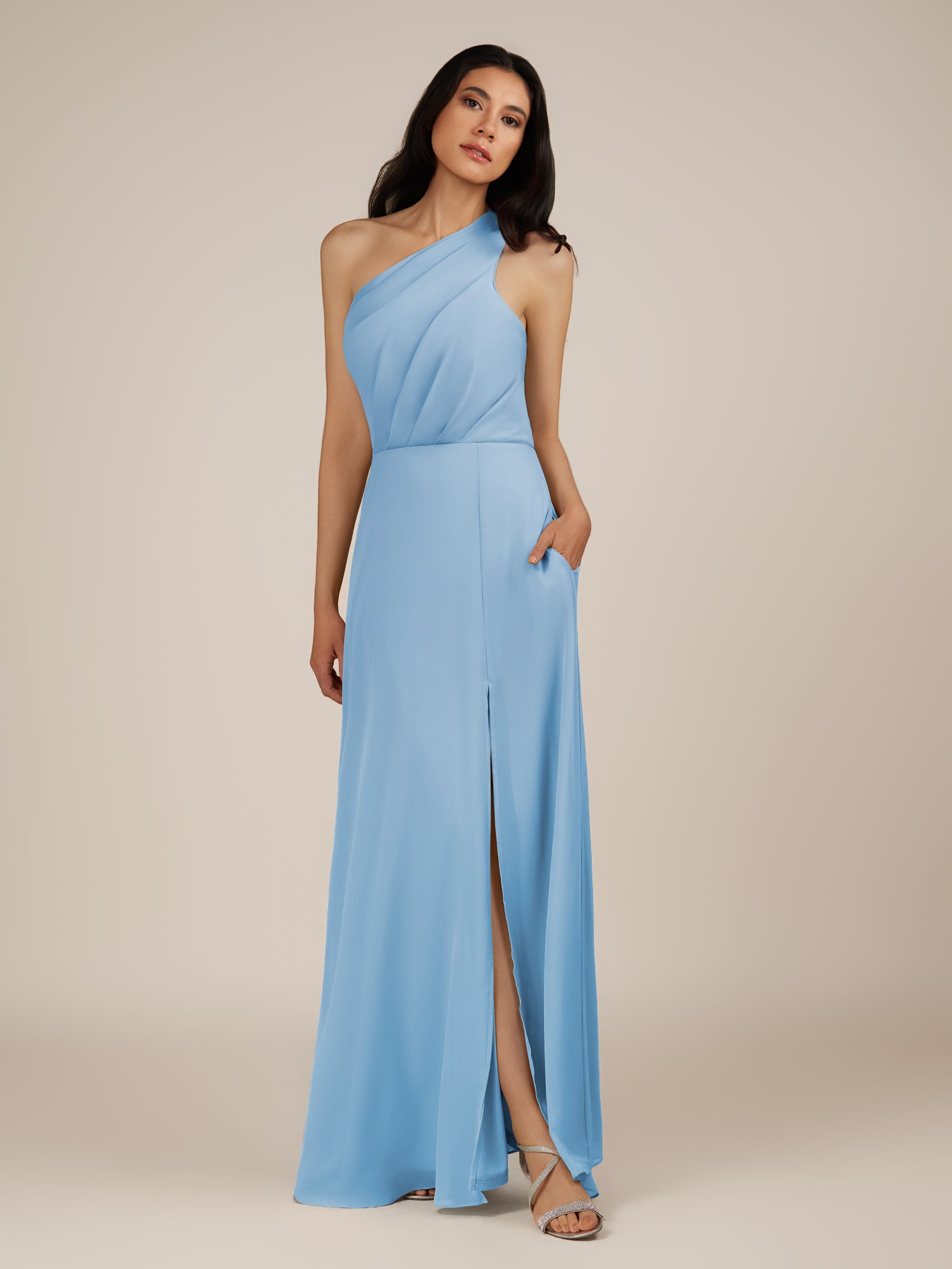 KissDress-Gaura Steel Blue A Line Chiffon One Shoulder Pleated Long Bridesmaid Dress with Slit