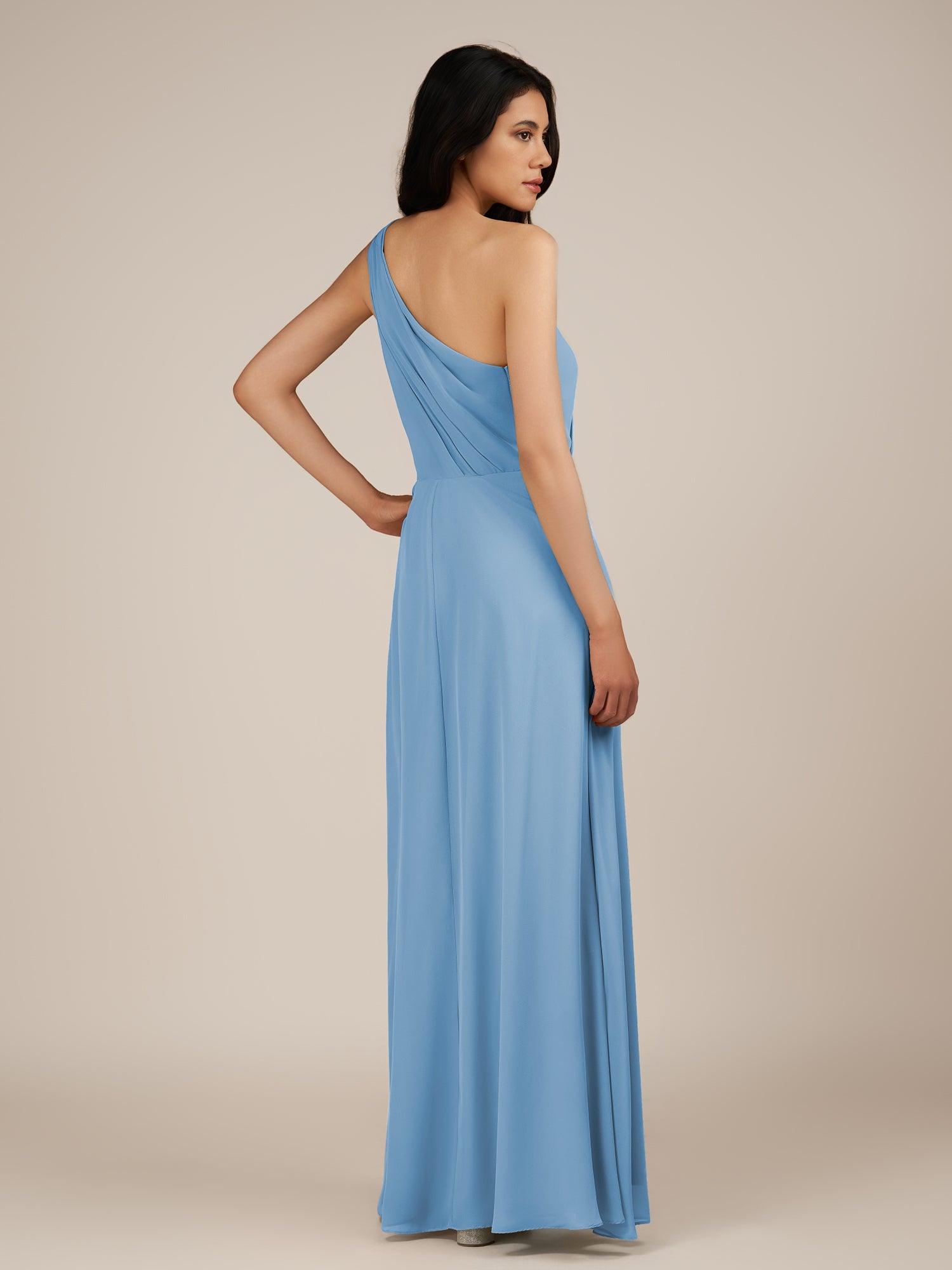 KissDress-Gaura Steel Blue A Line Chiffon One Shoulder Pleated Long Bridesmaid Dress with Slit