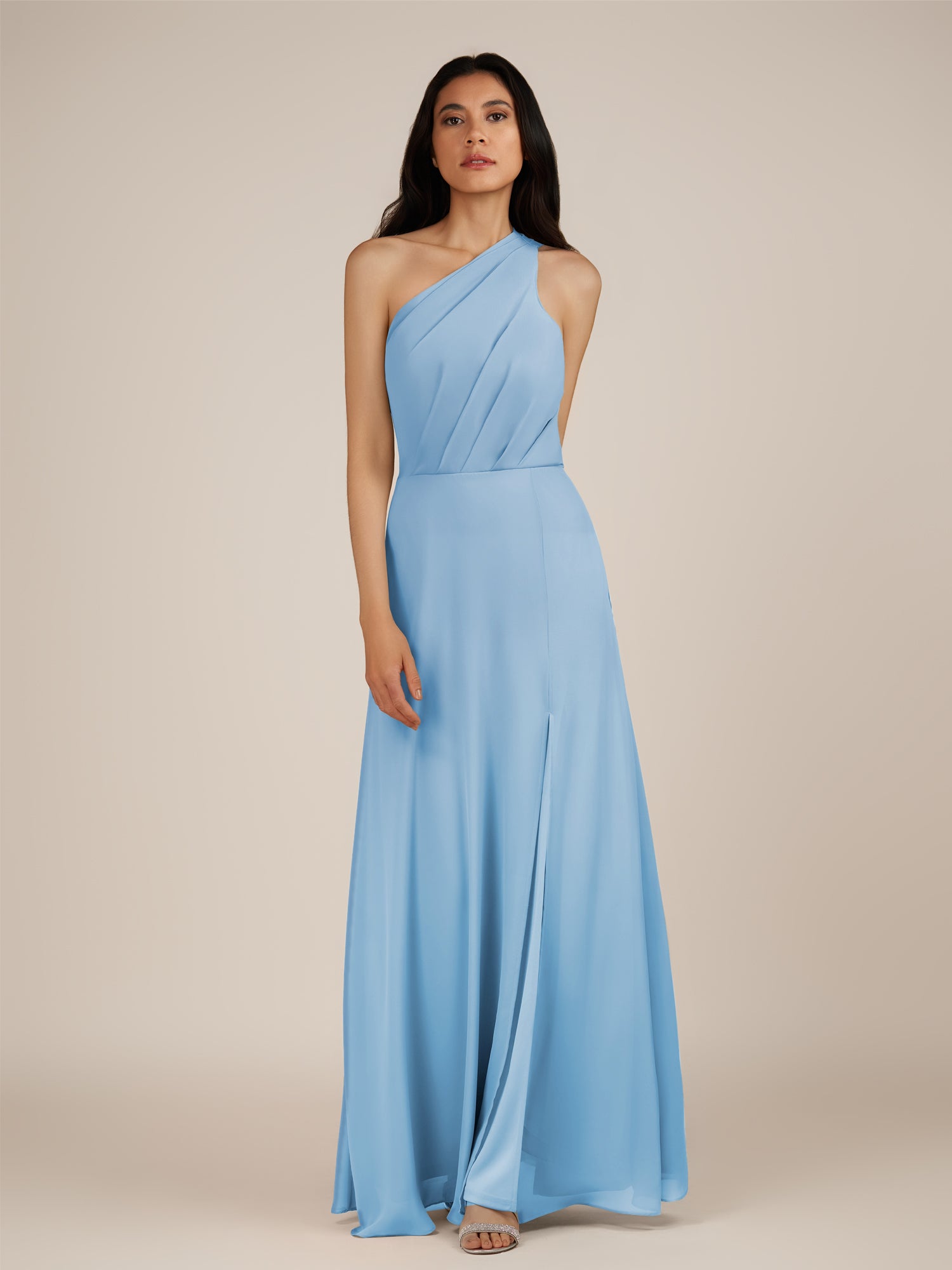 KissDress-Gaura Steel Blue A Line Chiffon One Shoulder Pleated Long Bridesmaid Dress with Slit