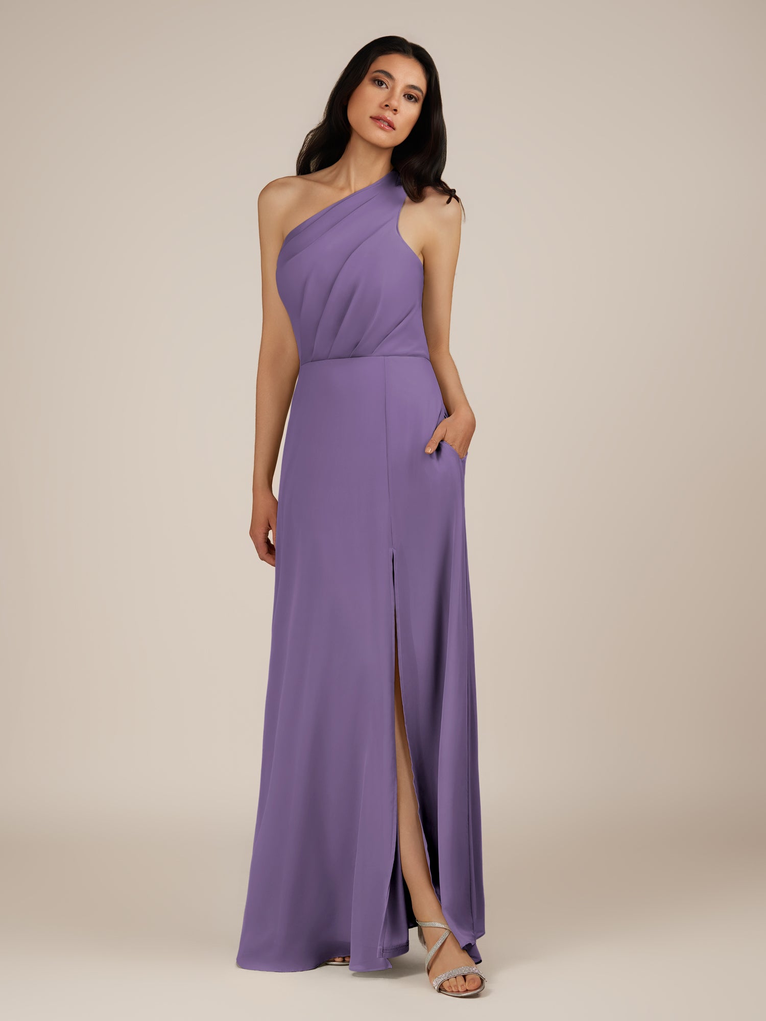 KissDress-Gaura Tahiti A Line Chiffon One Shoulder Pleated Long Bridesmaid Dress with Slit