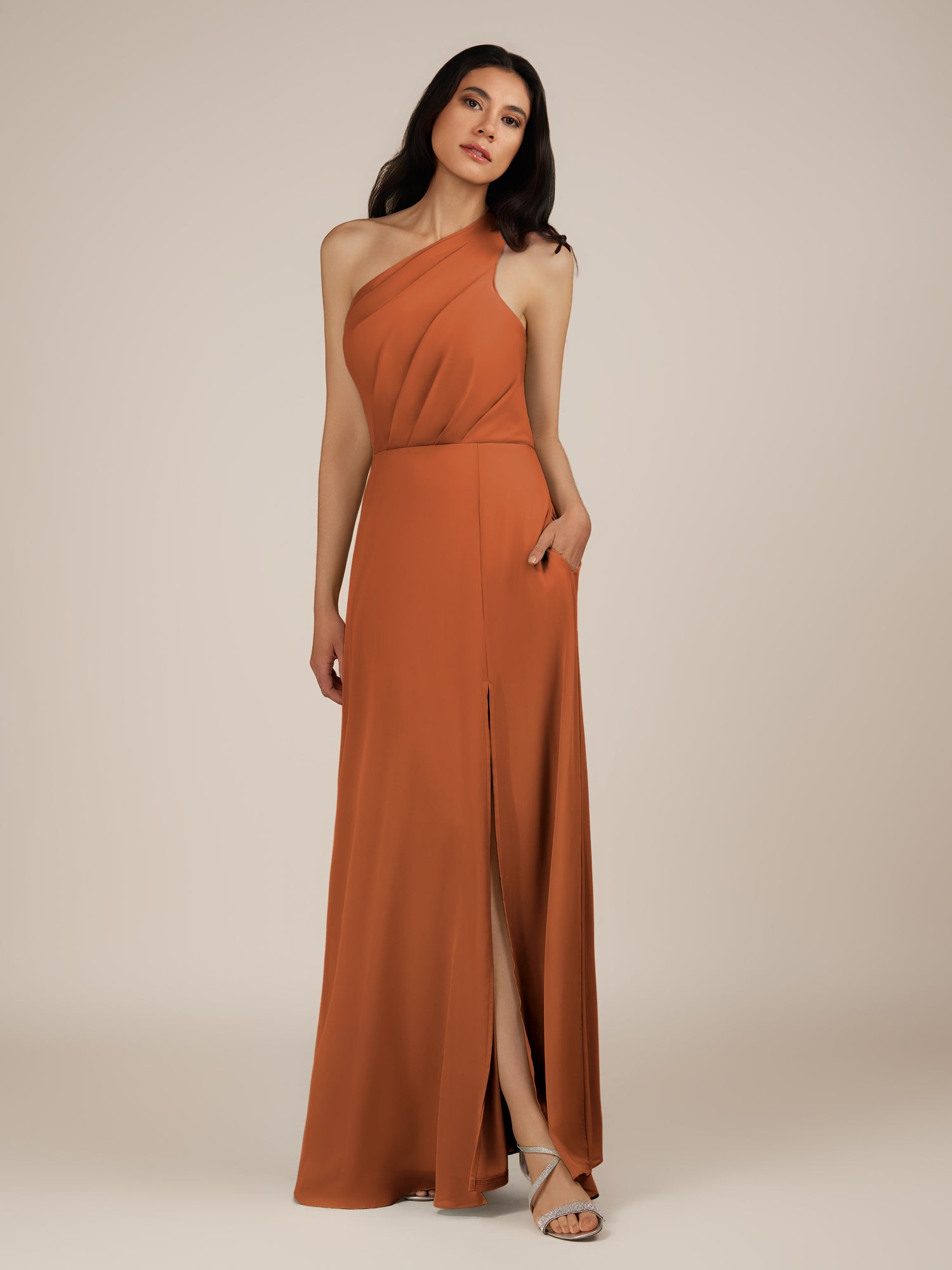 KissDress-Gaura Terracotta A Line Chiffon One Shoulder Pleated Long Bridesmaid Dress with Slit