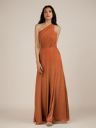KissDress-Gaura Terracotta A Line Chiffon One Shoulder Pleated Long Bridesmaid Dress with Slit