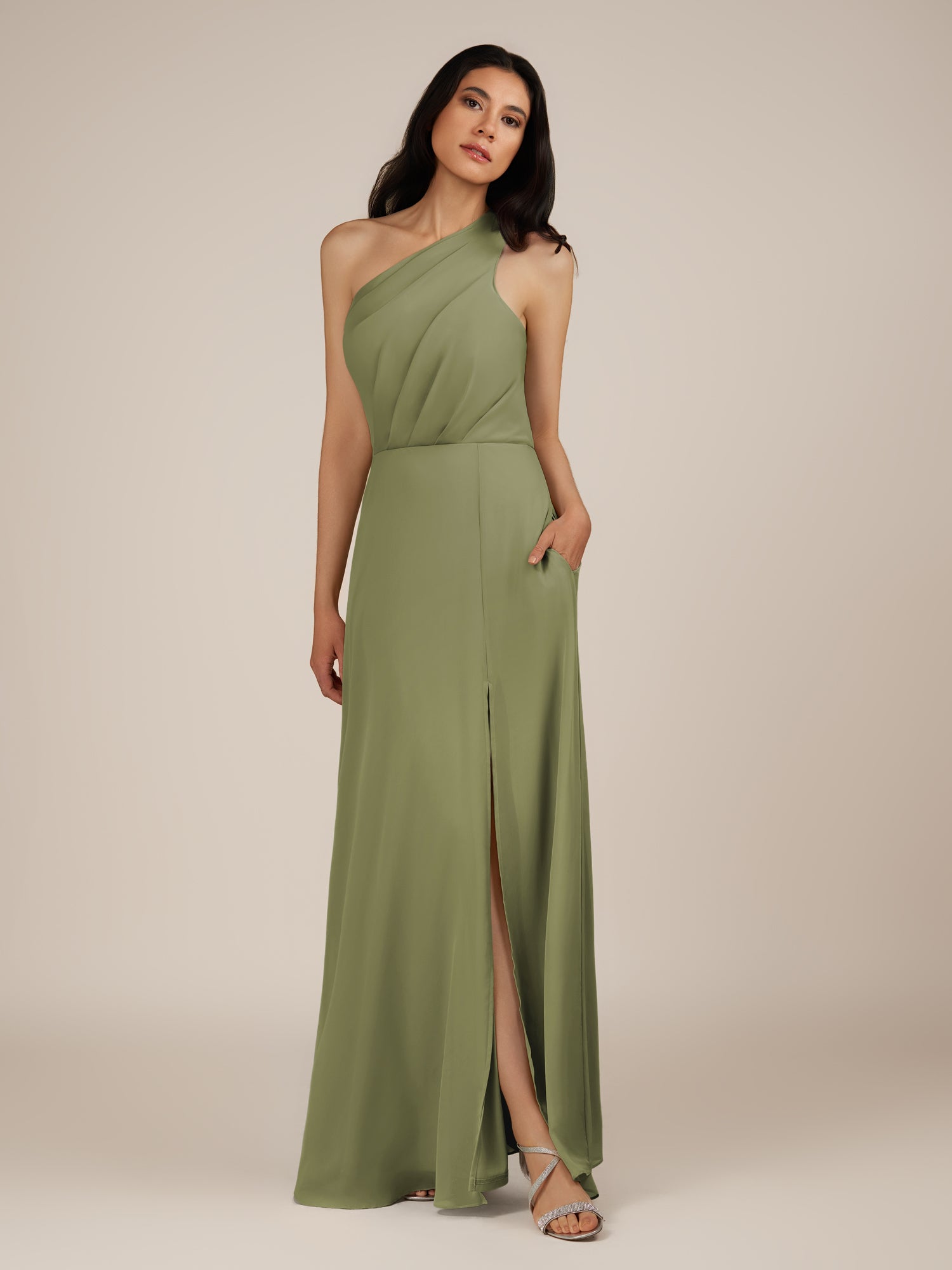 KissDress-Gaura Thyme A Line Chiffon One Shoulder Pleated Long Bridesmaid Dress with Slit