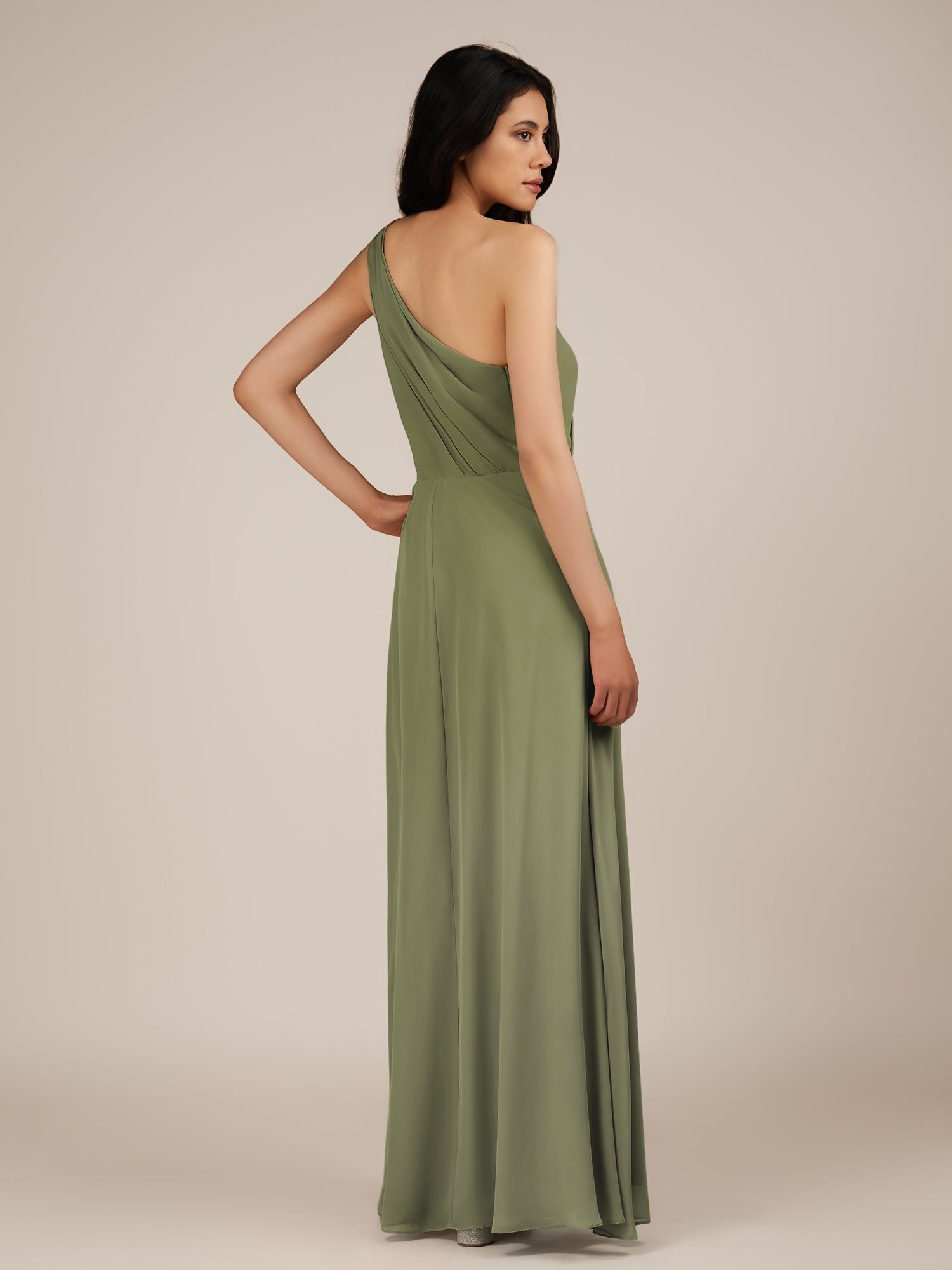 KissDress-Gaura Thyme A Line Chiffon One Shoulder Pleated Long Bridesmaid Dress with Slit