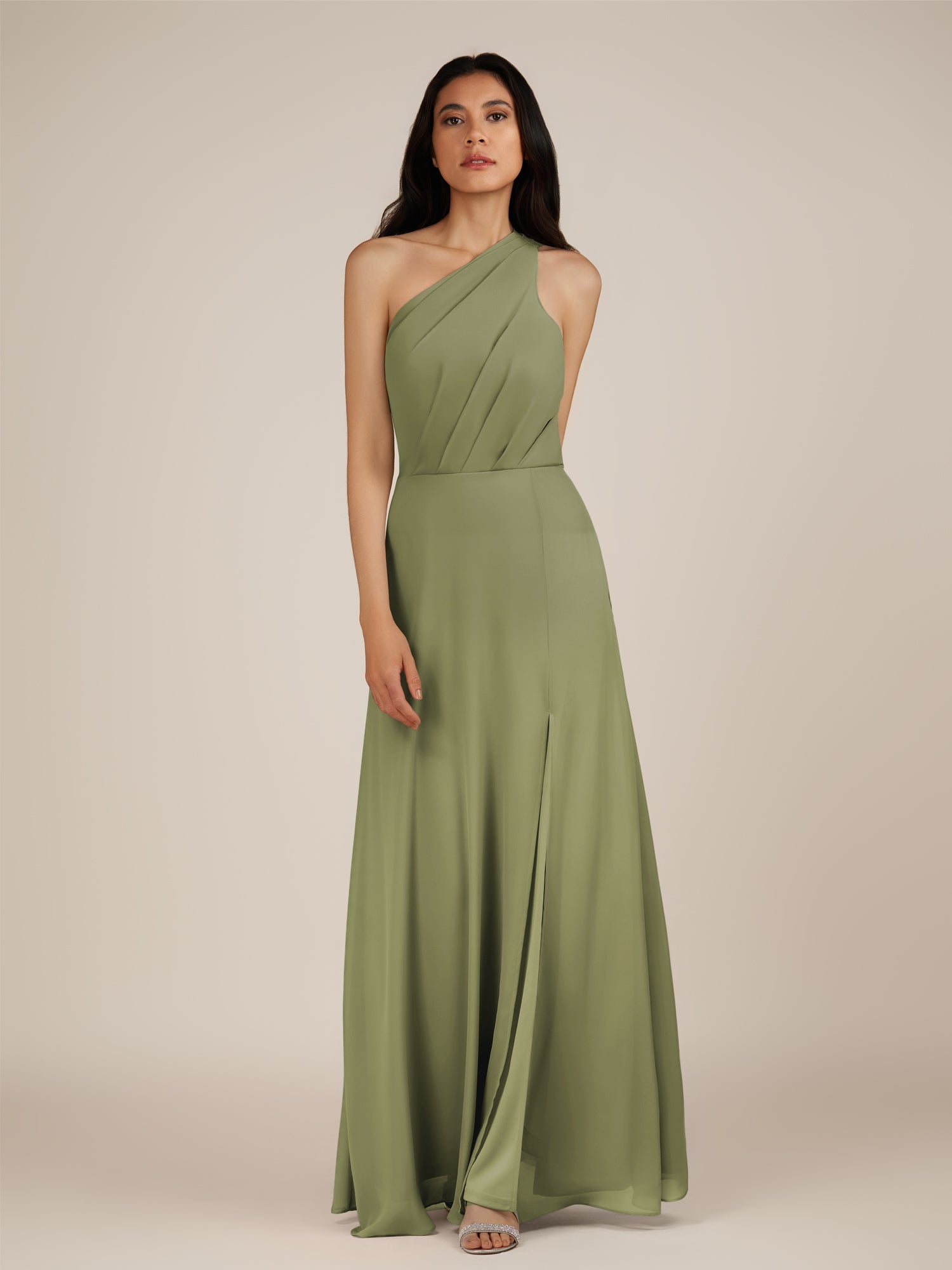KissDress-Gaura Thyme A Line Chiffon One Shoulder Pleated Long Bridesmaid Dress with Slit