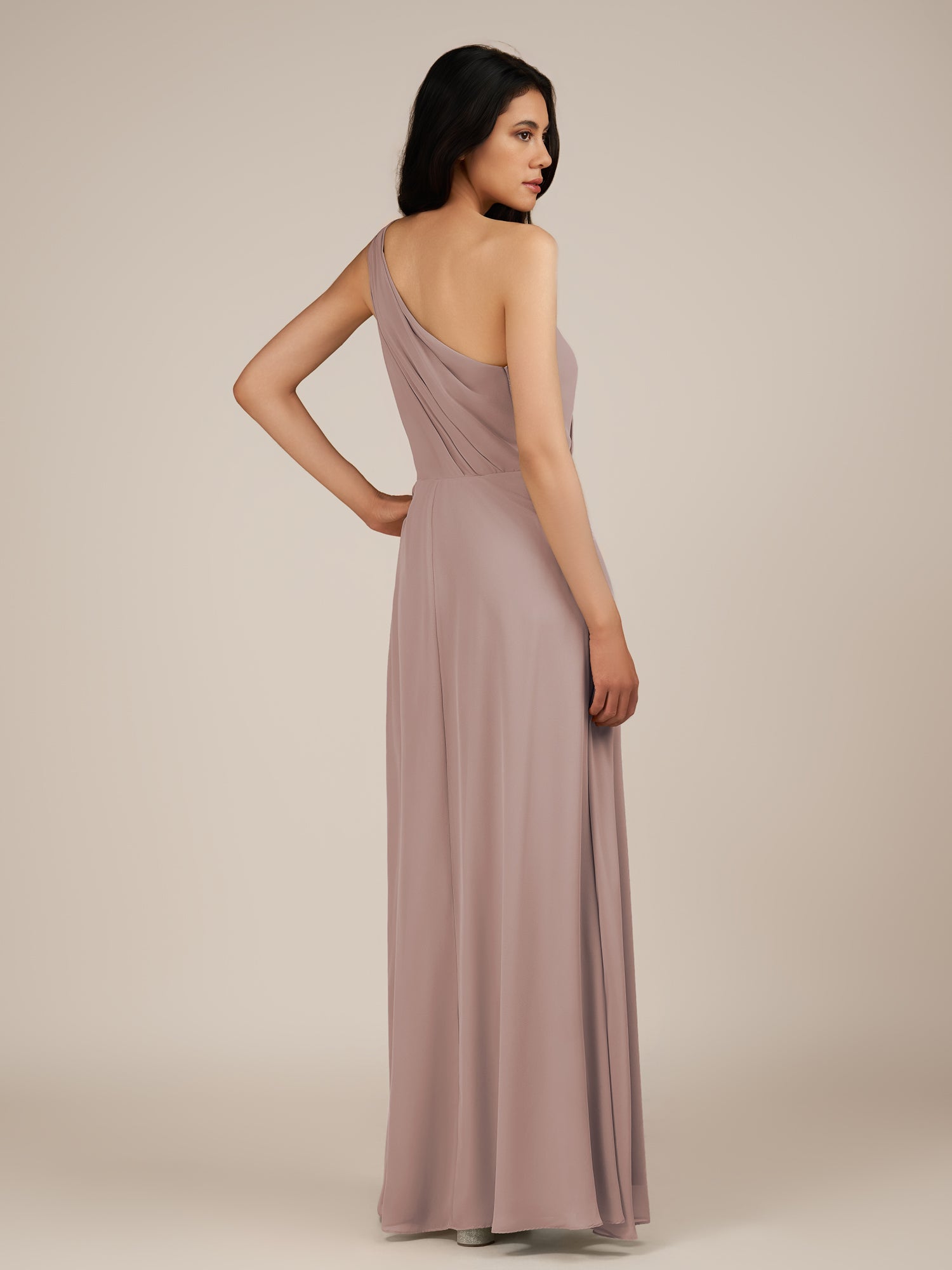 KissDress-Gaura Toffee A Line Chiffon One Shoulder Pleated Long Bridesmaid Dress with Slit