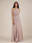 KissDress-Gaura Toffee A Line Chiffon One Shoulder Pleated Long Bridesmaid Dress with Slit