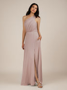 KissDress-Gaura Toffee A Line Chiffon One Shoulder Pleated Long Bridesmaid Dress with Slit