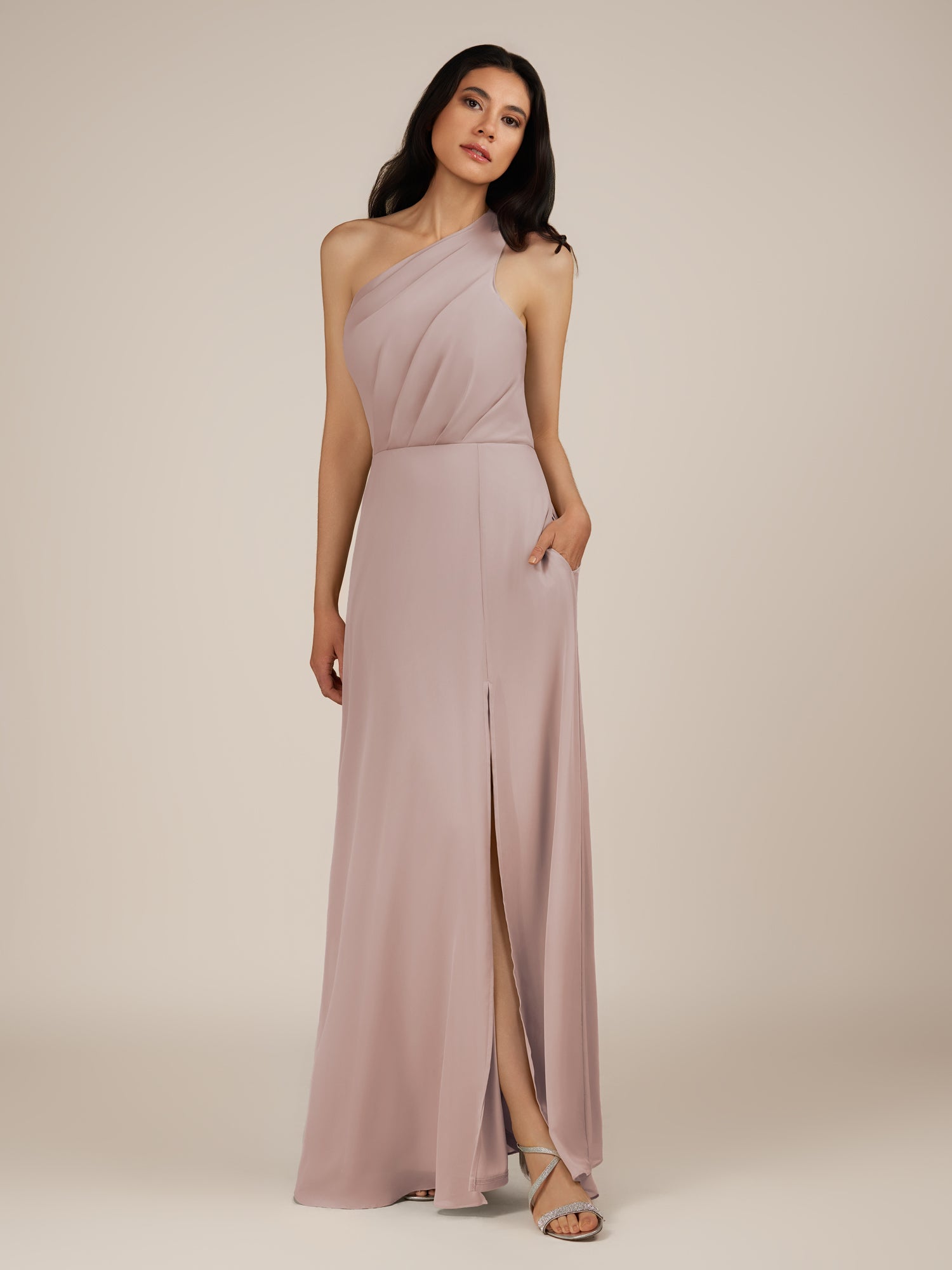 KissDress-Gaura Toffee A Line Chiffon One Shoulder Pleated Long Bridesmaid Dress with Slit