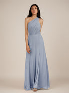 KissDress-Gaura Twilight A Line Chiffon One Shoulder Pleated Long Bridesmaid Dress with Slit