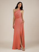 KissDress-Gaura Wild Rose A Line Chiffon One Shoulder Pleated Long Bridesmaid Dress with Slit