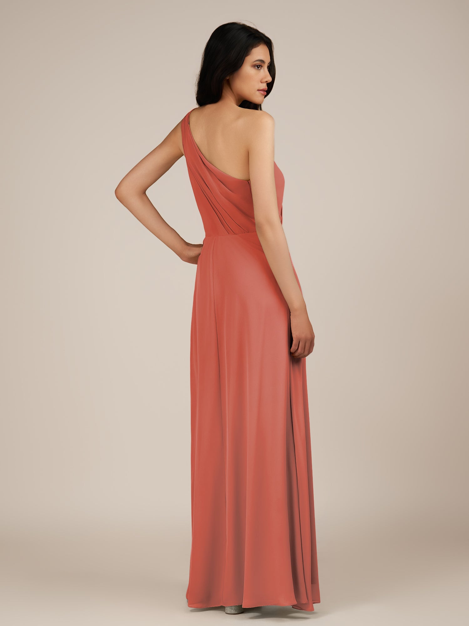 KissDress-Gaura Wild Rose A Line Chiffon One Shoulder Pleated Long Bridesmaid Dress with Slit