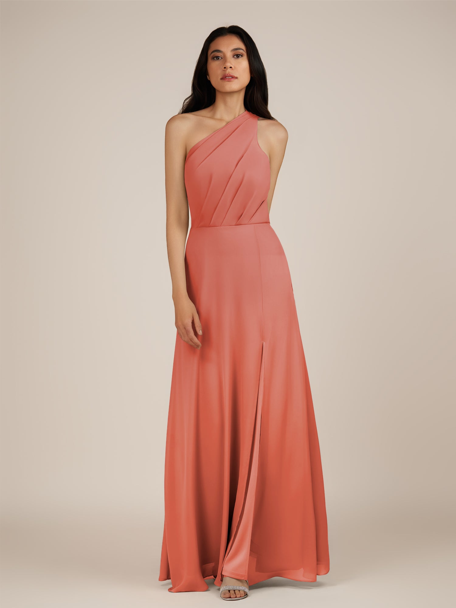 KissDress-Gaura Wild Rose A Line Chiffon One Shoulder Pleated Long Bridesmaid Dress with Slit