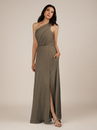 KissDress-Gaura Willow Green A Line Chiffon One Shoulder Pleated Long Bridesmaid Dress with Slit