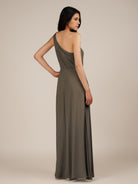 KissDress-Gaura Willow Green A Line Chiffon One Shoulder Pleated Long Bridesmaid Dress with Slit