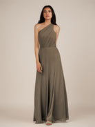 KissDress-Gaura Willow Green A Line Chiffon One Shoulder Pleated Long Bridesmaid Dress with Slit