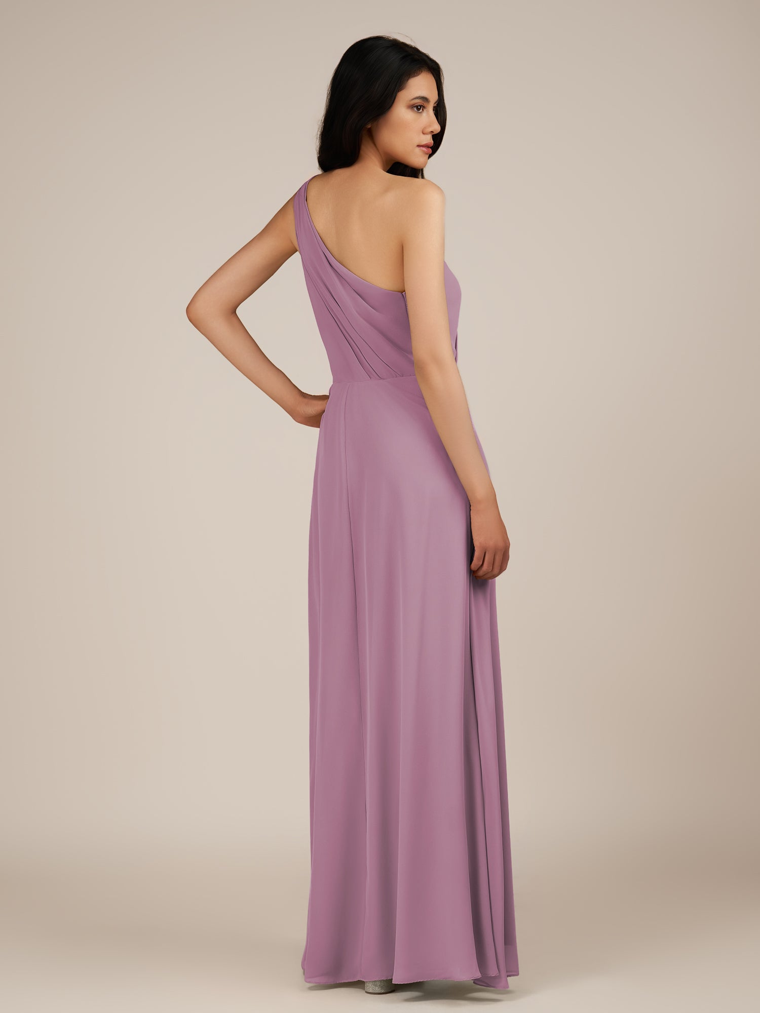 KissDress-Gaura Wisteria A Line Chiffon One Shoulder Pleated Long Bridesmaid Dress with Slit