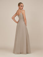 KissDress-Glenys Almond A Line V Neck Long Bridesmaid Dress with Slit
