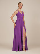 KissDress-Glenys Amethyst A Line V Neck Long Bridesmaid Dress with Slit