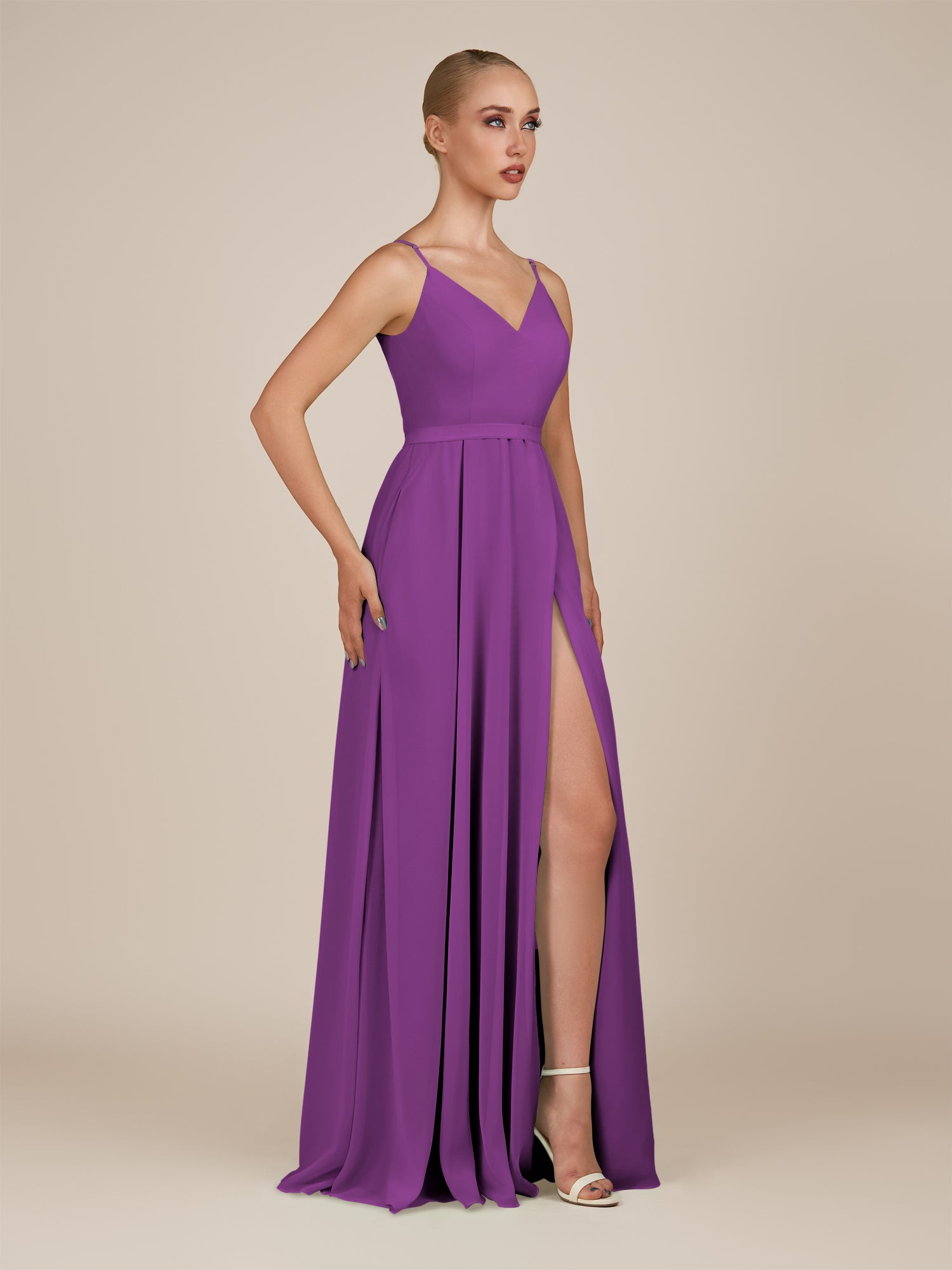 KissDress-Glenys Amethyst A Line V Neck Long Bridesmaid Dress with Slit