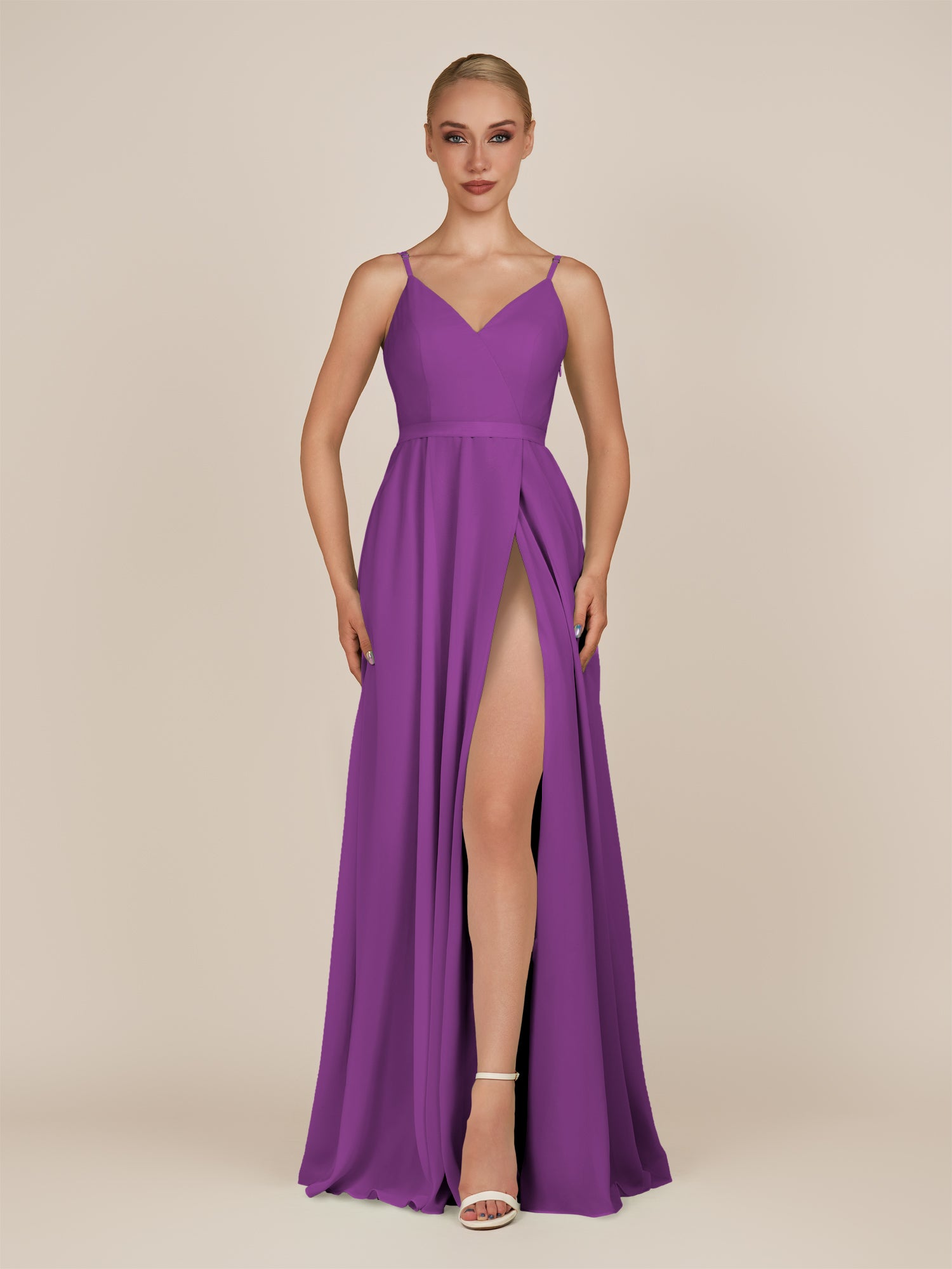 KissDress-Glenys Amethyst A Line V Neck Long Bridesmaid Dress with Slit