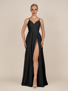 KissDress-Glenys Black A Line V Neck Long Bridesmaid Dress with Slit